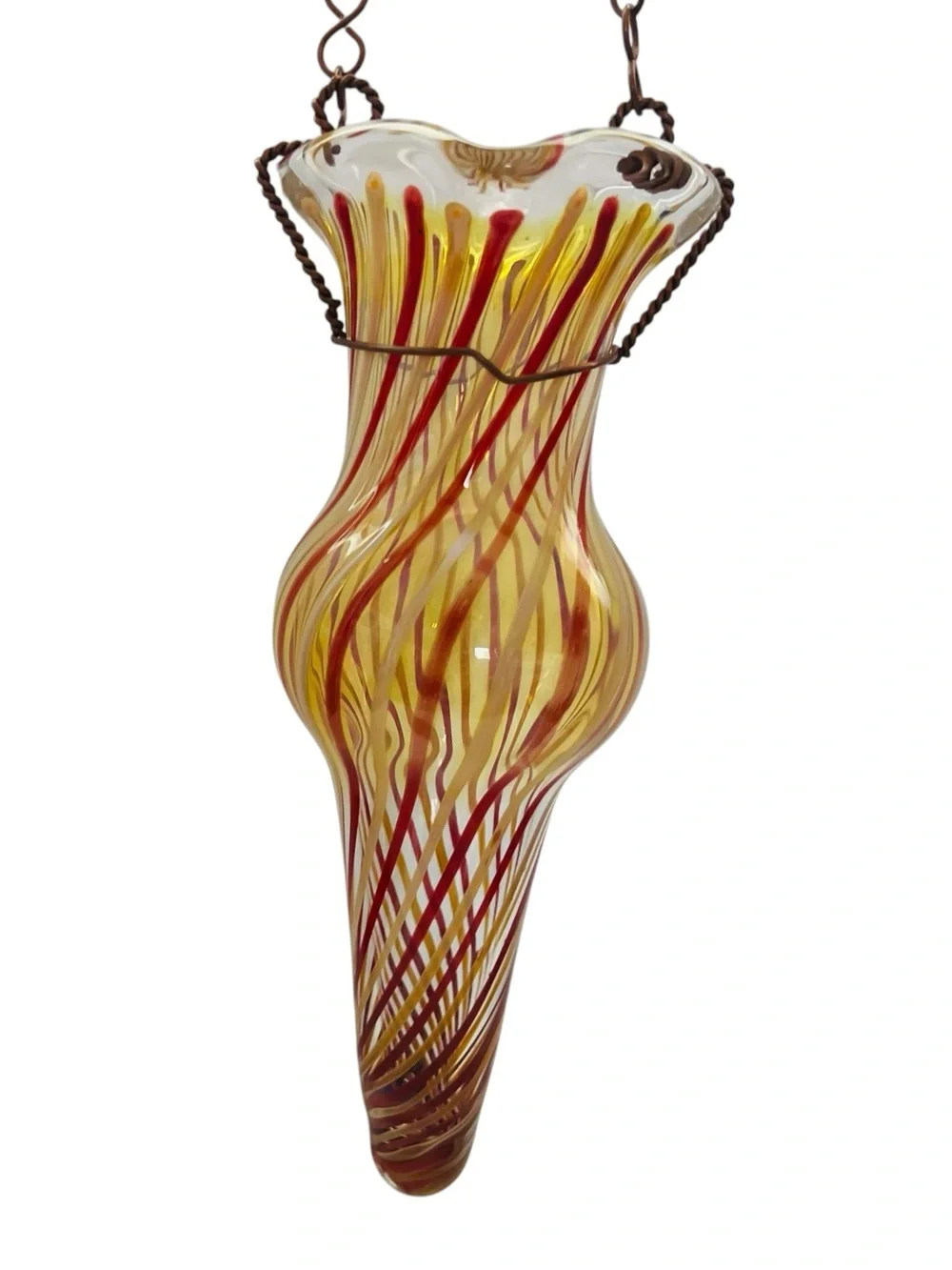 Vintage Robert Coleman Signed RC Handblown Spiral Glass Hanging Chain Bud Vase